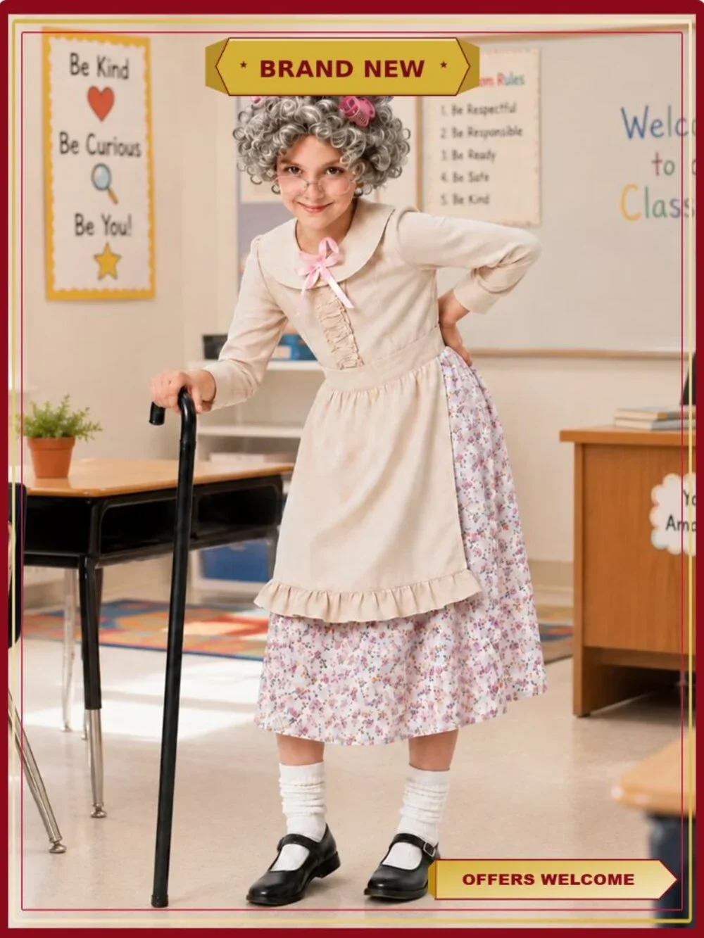 Girls Old Lady Costume 10Pc Set 100 Days of School Halloween Grandma Dress Up